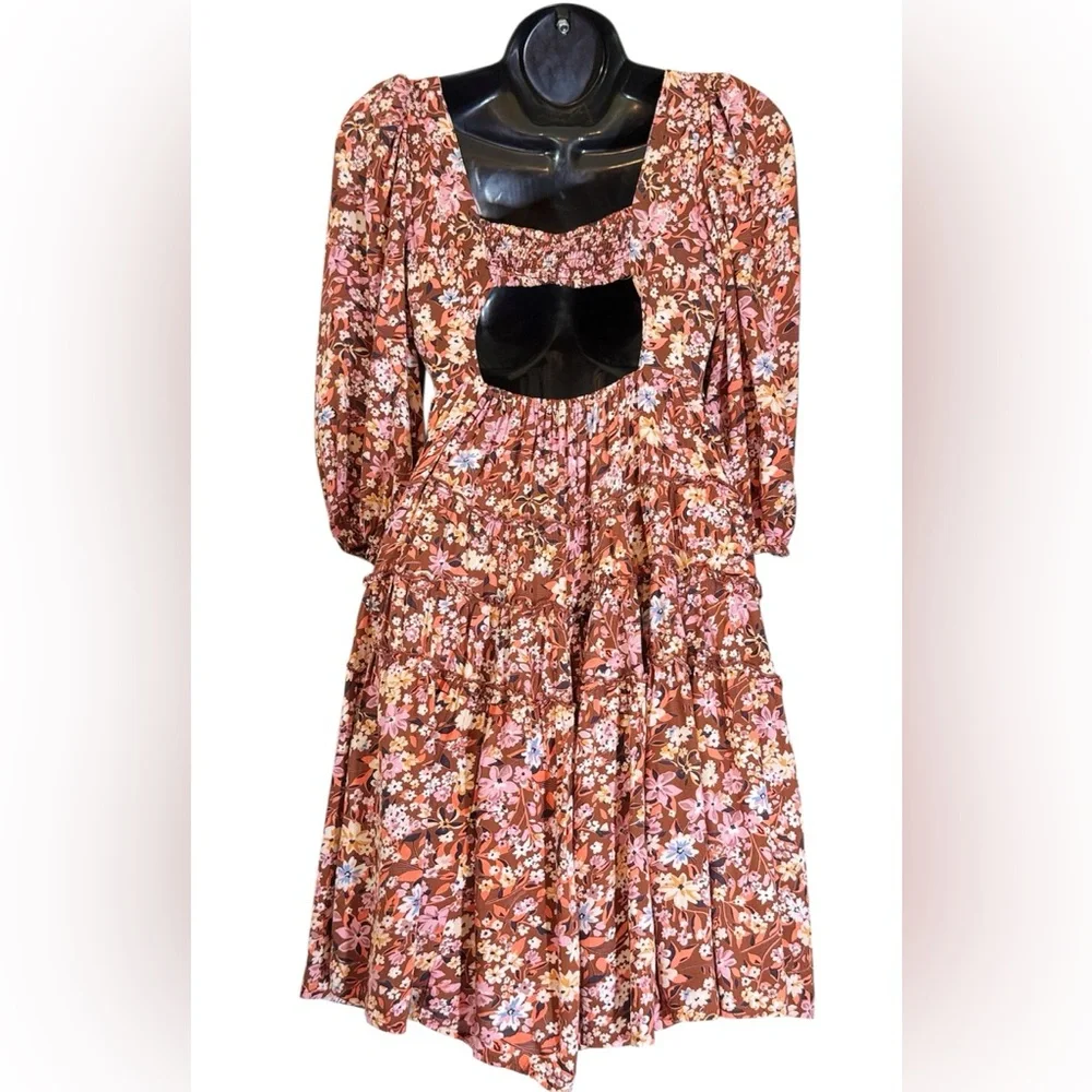 Gypsy Love Smocked Floral Puff Sleeve Mini Dress Boho Festival Style Size M - Picture 12 of 14